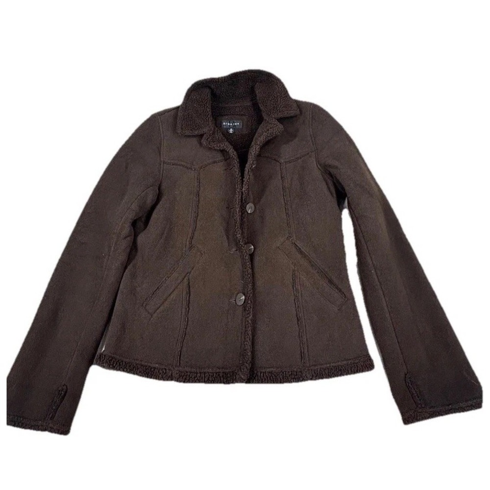 Braetan Brown Sherpa Lined Faux Suede Jacket Women's M Button‎ Front Cozy Warm